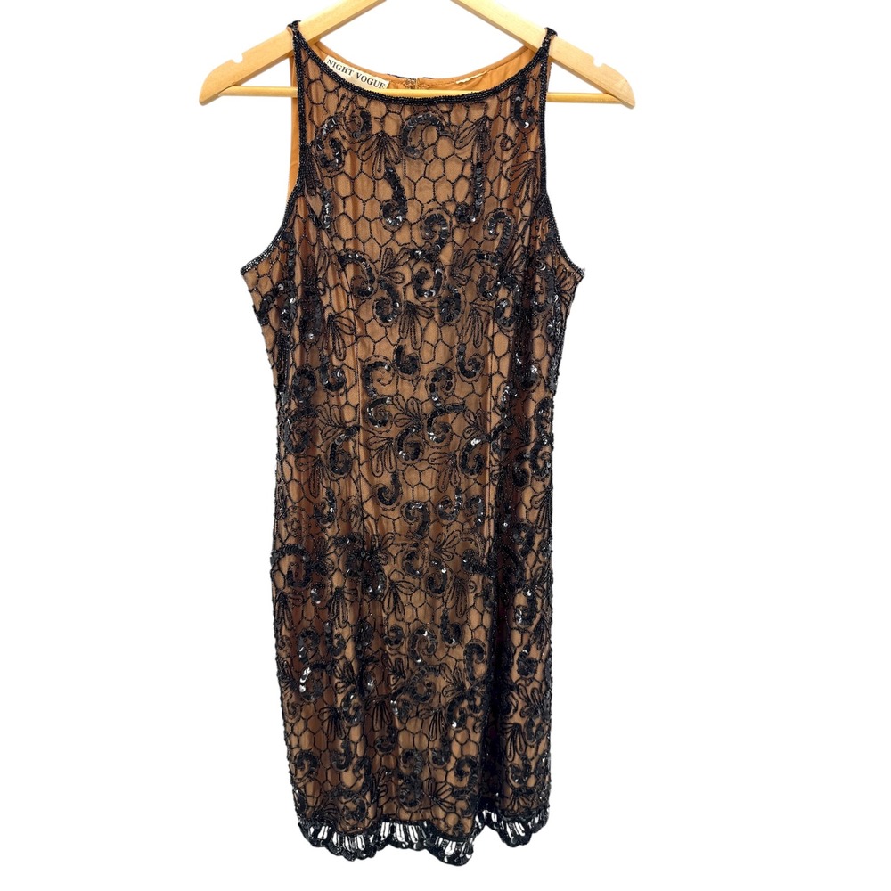 VTG Night Vogue 20s Gatsby Beaded Mesh Slip Mini Dress Black Sheer Flapper Party
